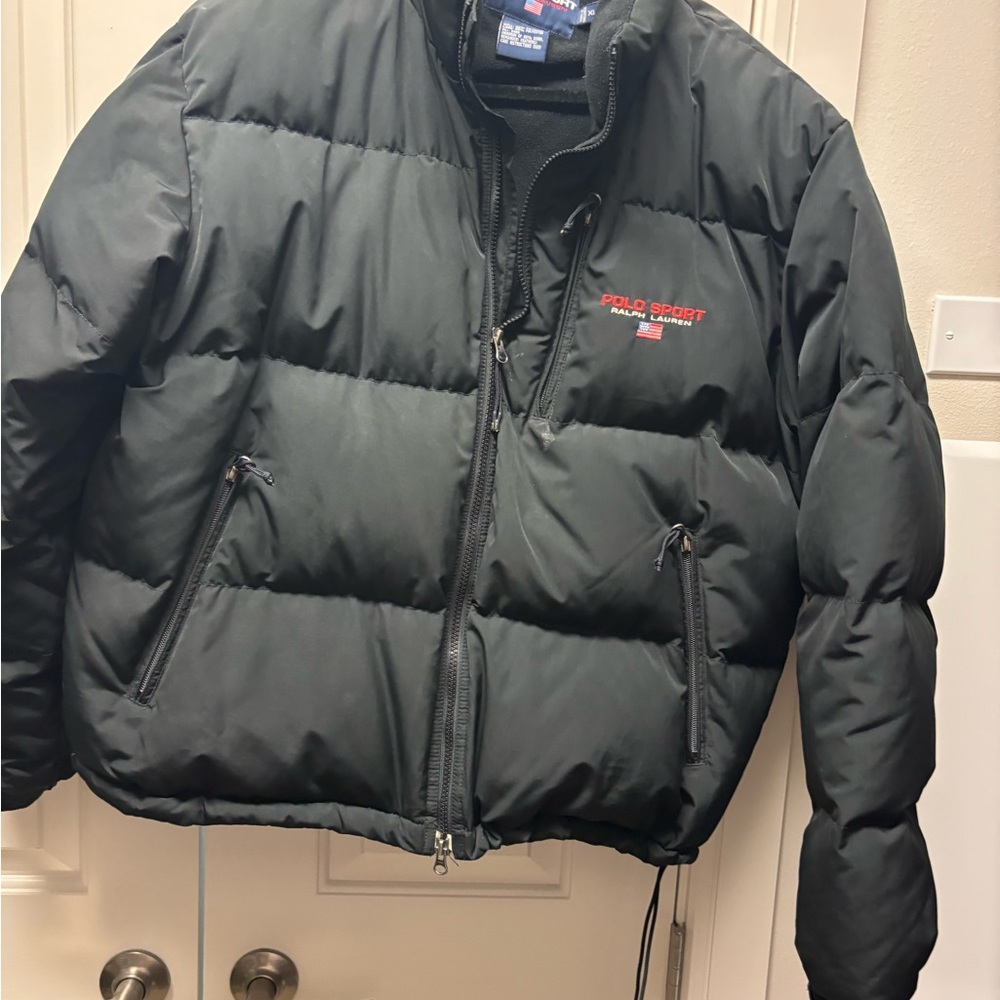 Ralph Lauren Black Down Vintage Sport Hooded Ski Jacket